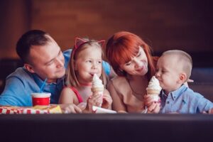 Family of four enjoying ice cream at Rodeo Goat in Fort Worth, TX.